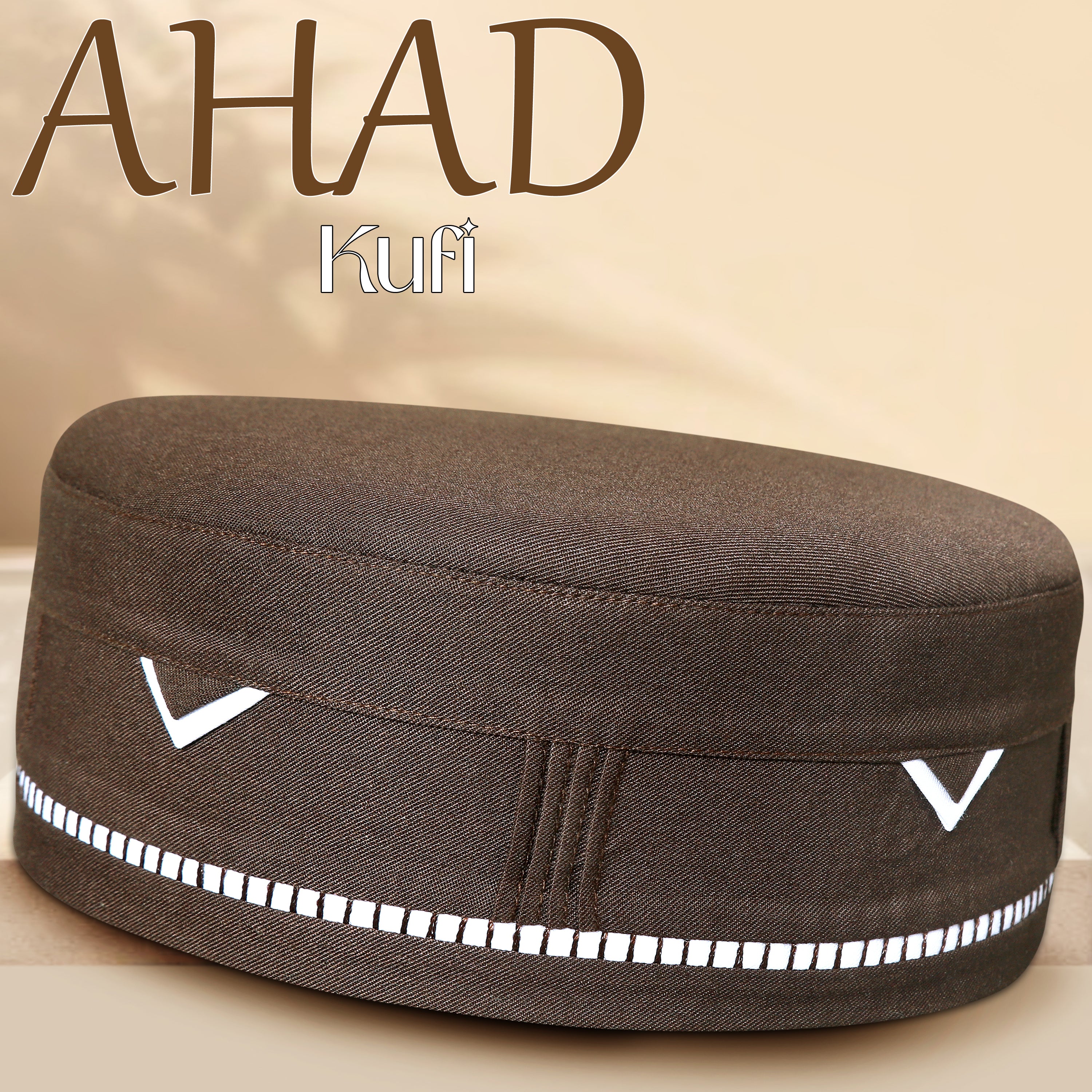 Brown Ahad Kufi with Elegant Geometric Embroidery