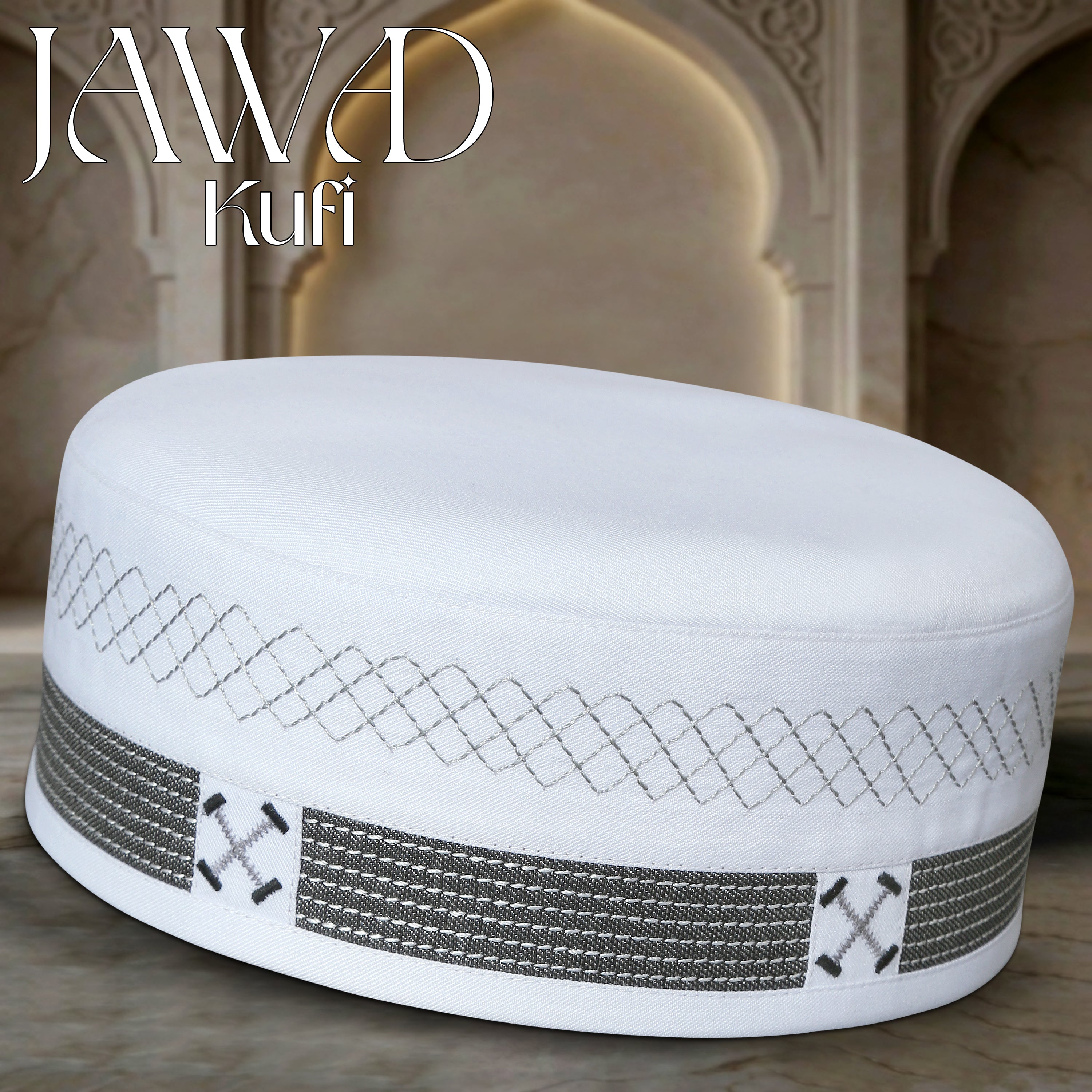 White Jawad Kufi Prayer Cap – Handmade Embroidered Koofi Muslim Namaz Topi