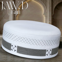 White Jawad Kufi Prayer Cap – Handmade Embroidered Koofi Muslim Namaz Topi