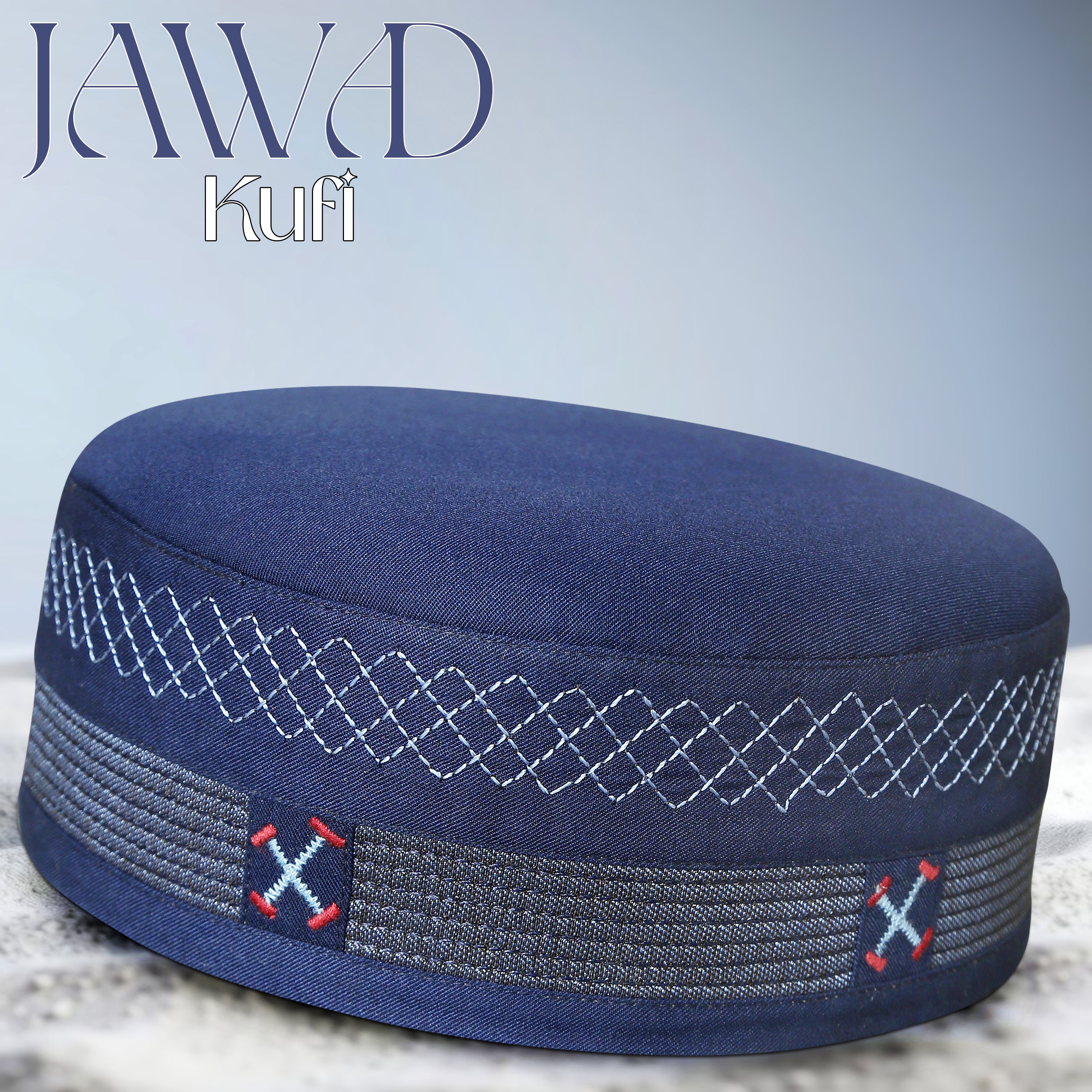 Jawad Blue Embroidered Kufi Islamic Prayer Cap for Men Premium Polyester Fabric