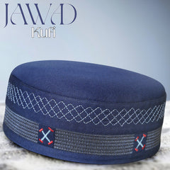 Jawad Blue Embroidered Kufi Islamic Prayer Cap for Men Premium Polyester Fabric