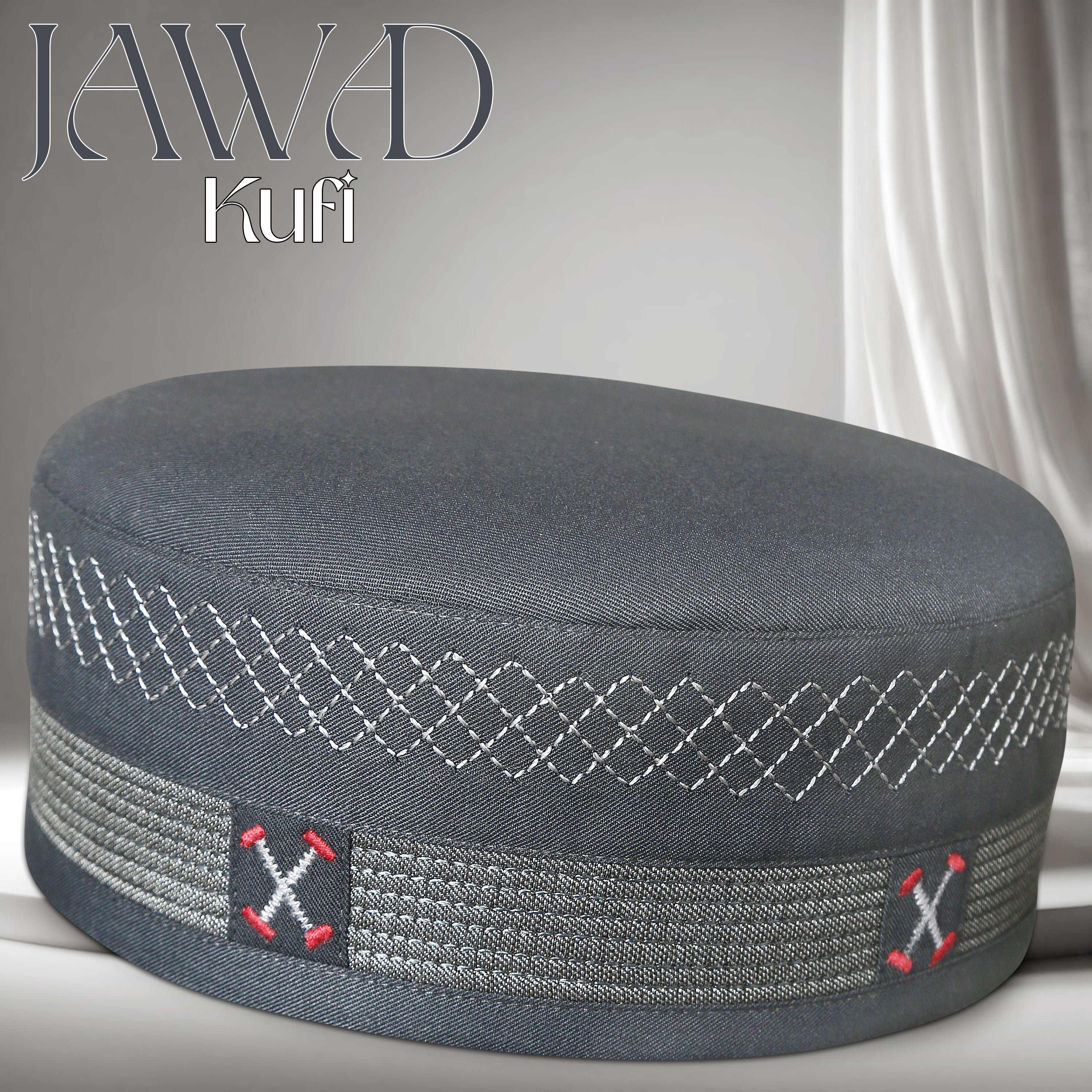 Gray Jawad Kufi Prayer Cap – Handmade Embroidered Koofi Muslim Namaz Topi