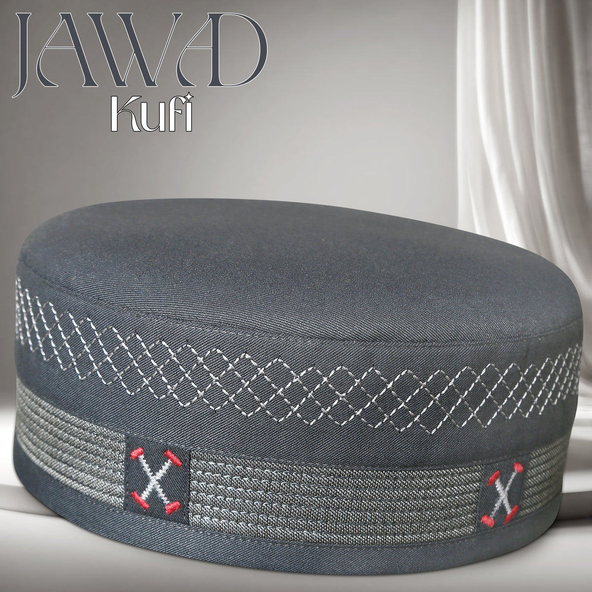 Gray Jawad Kufi Prayer Cap – Handmade Embroidered Koofi Muslim Namaz Topi