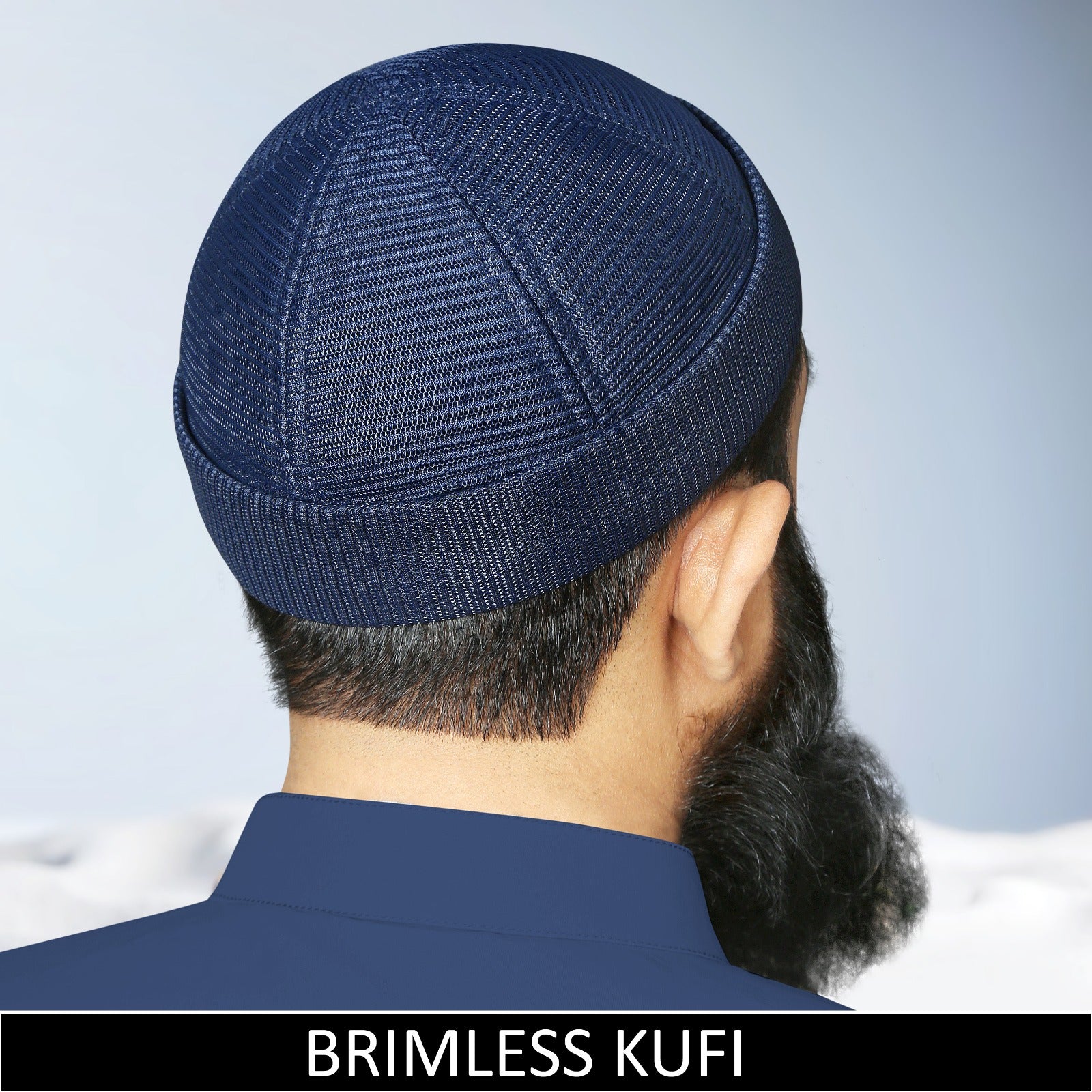 Premium navy blue brimless mesh kufi cap for men, breathable Islamic prayer skull cap for mosque