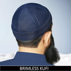 Premium navy blue brimless mesh kufi cap for men, breathable Islamic prayer skull cap for mosque