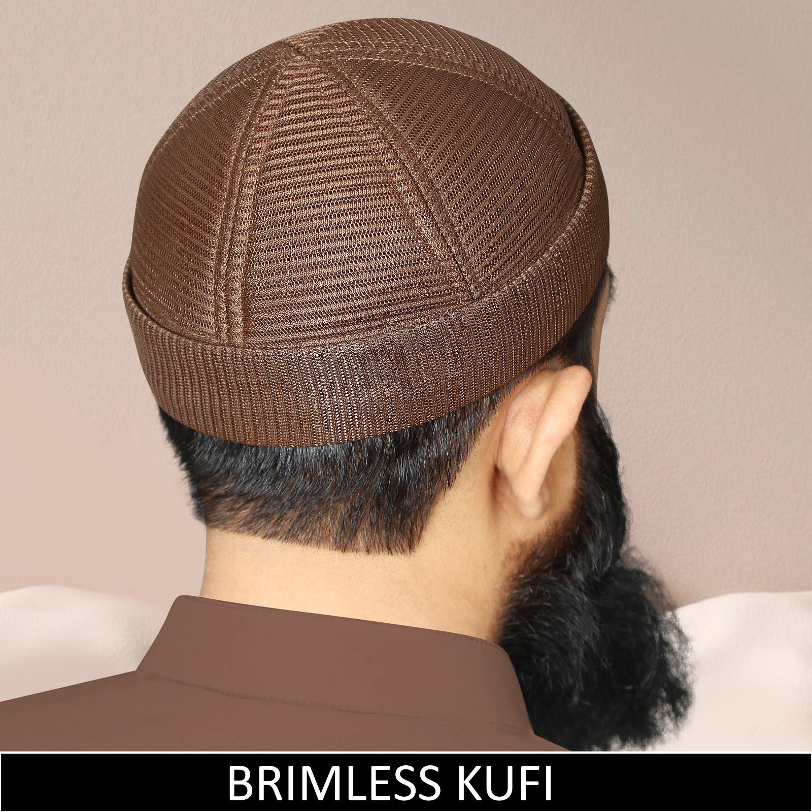 Premium brown brimless mesh kufi cap for men, breathable Islamic prayer skull cap for everyday wear