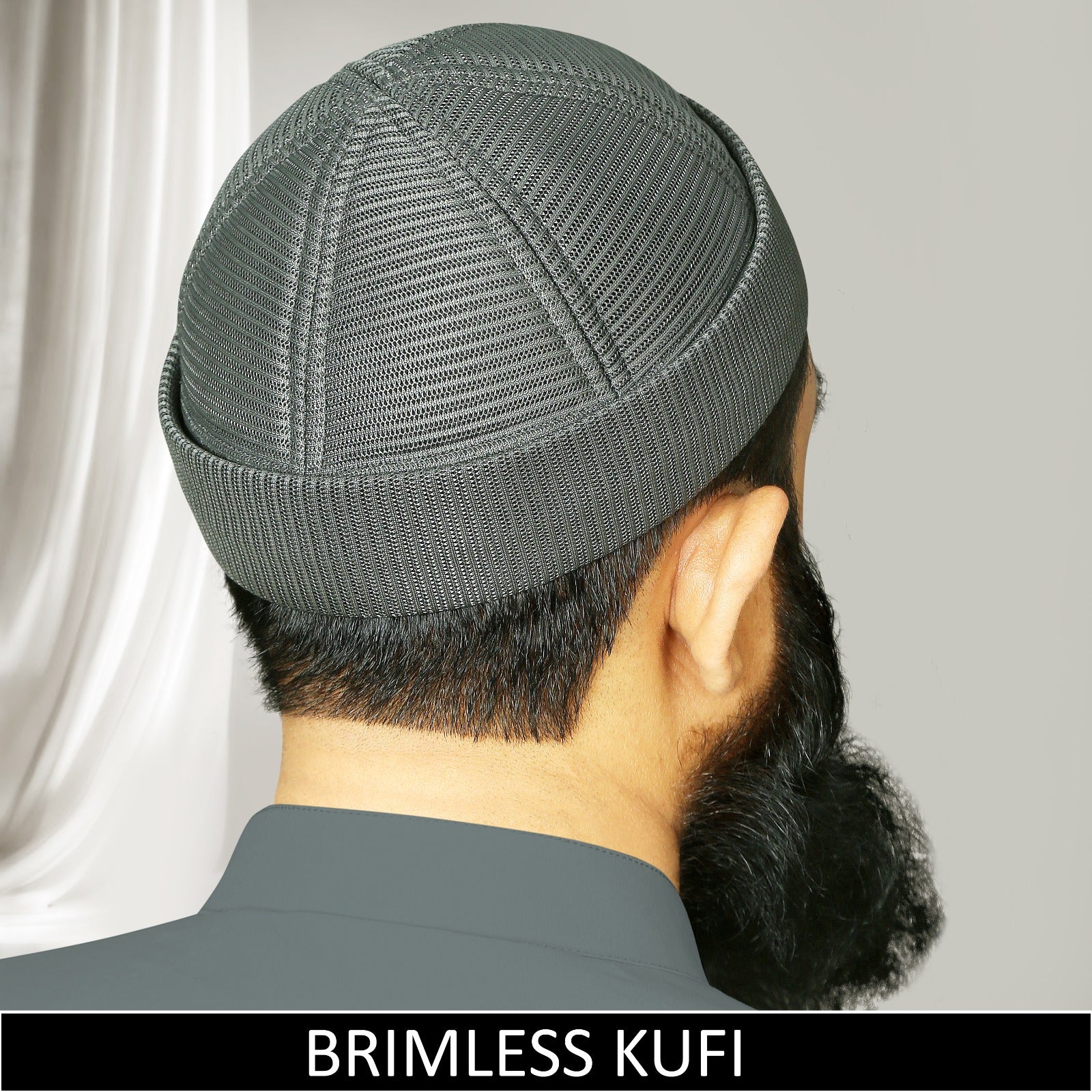Grey brimless kufi cap with breathable mesh design, Muslim prayer hat for men