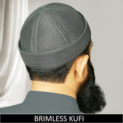 Grey brimless kufi cap with breathable mesh design, Muslim prayer hat for men