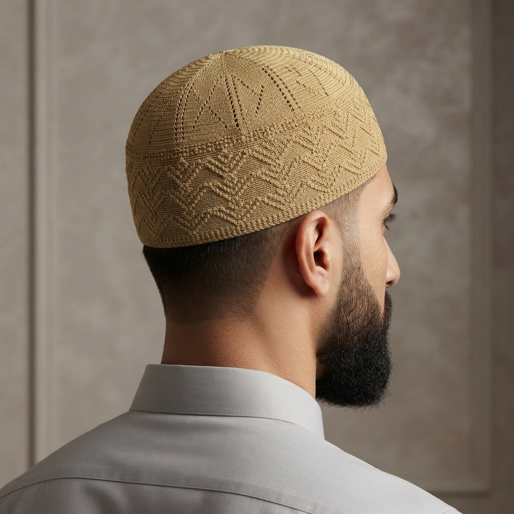 Shami Knitted 04 – Geometric Chevron Pattern Islamic Prayer Koofi