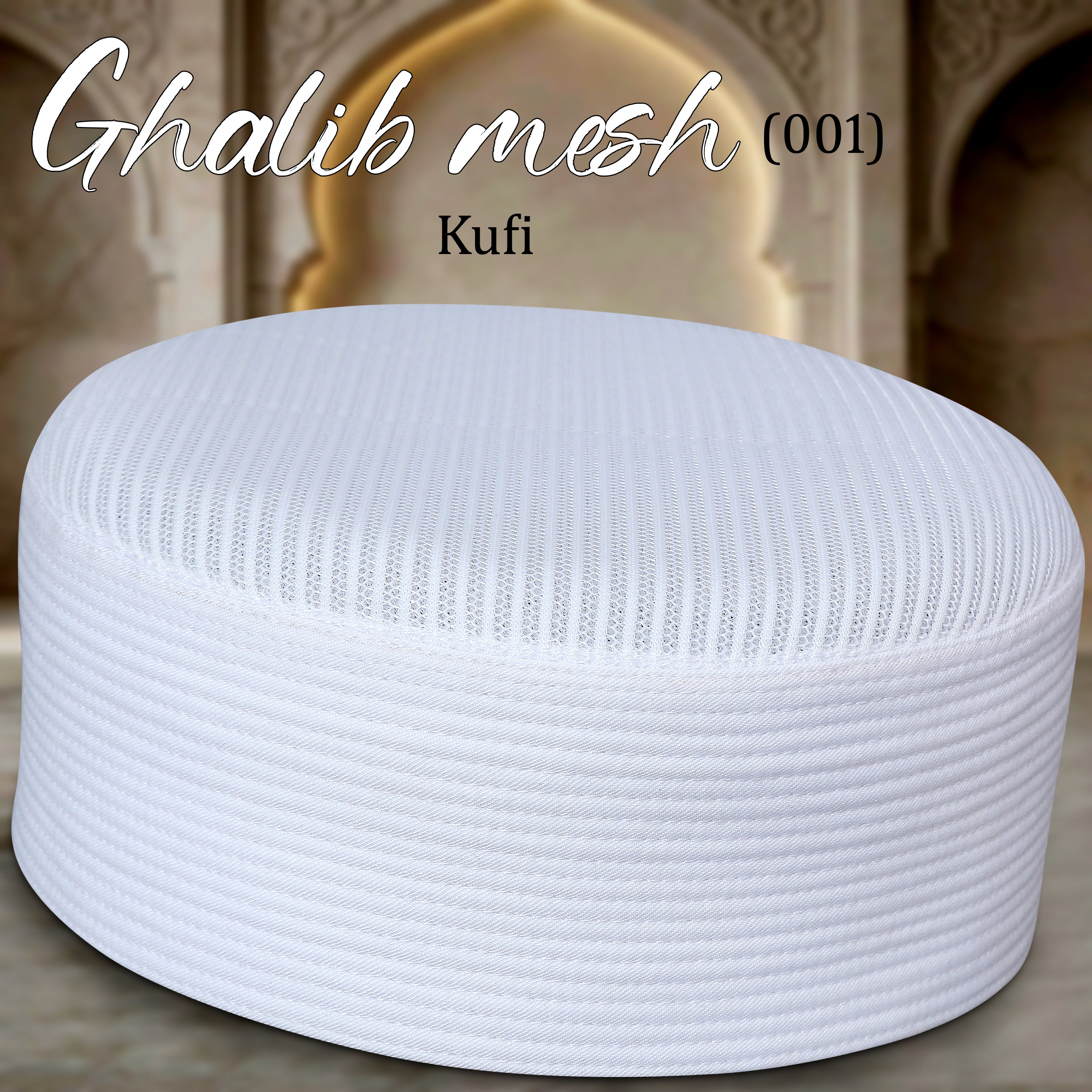 A white textured mesh kufi cap shown from the front, with text overlay reading 'Ghalib mesh (001)' and 'Kufi' against a softly blurred warm-toned architectural background.