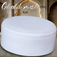 A white textured mesh kufi cap shown from the front, with text overlay reading 'Ghalib mesh (001)' and 'Kufi' against a softly blurred warm-toned architectural background.