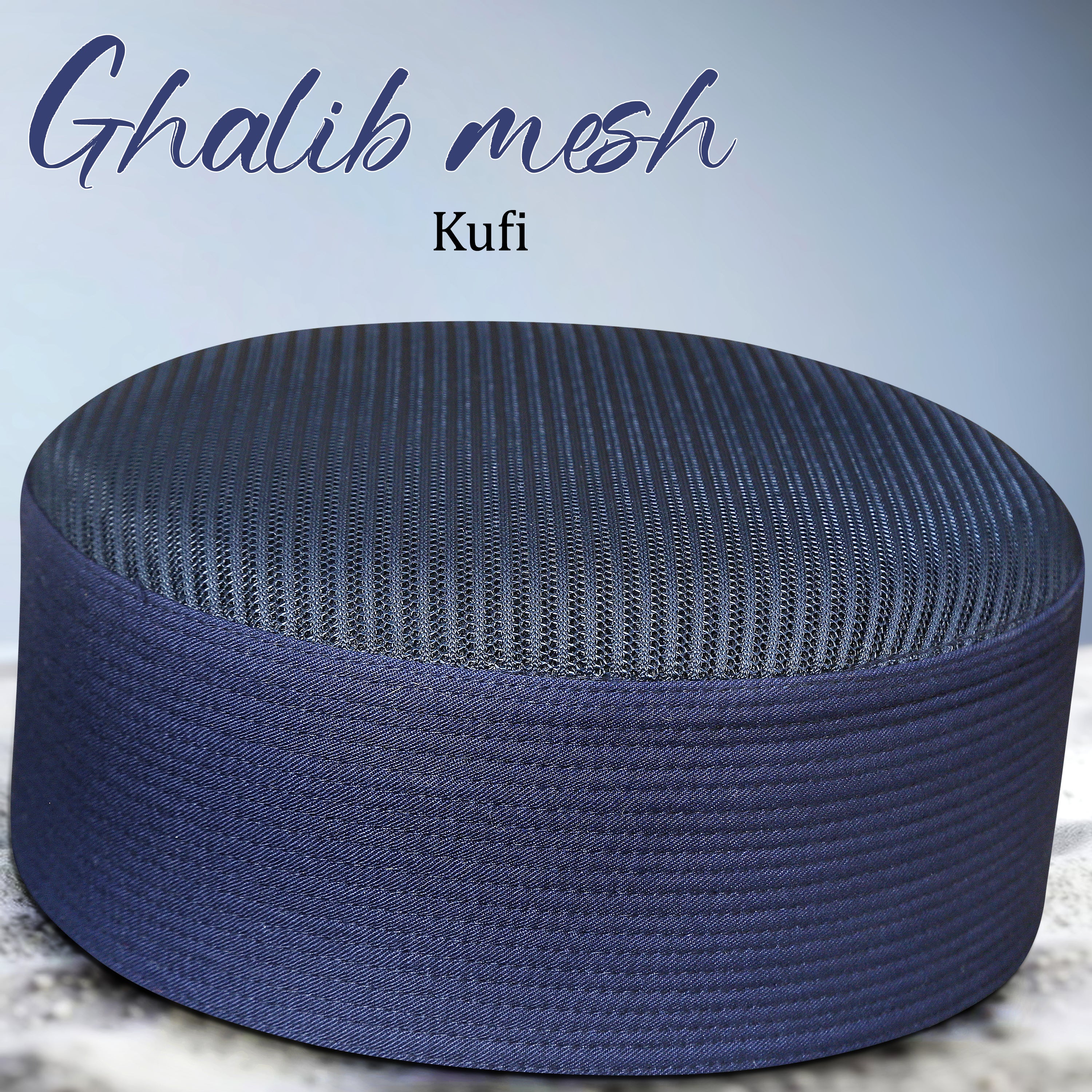 A navy blue woven Kufi prayer cap made of Ghalib mesh fabric, shown from a three-quarters angle against a light blue gradient background with text overlays.