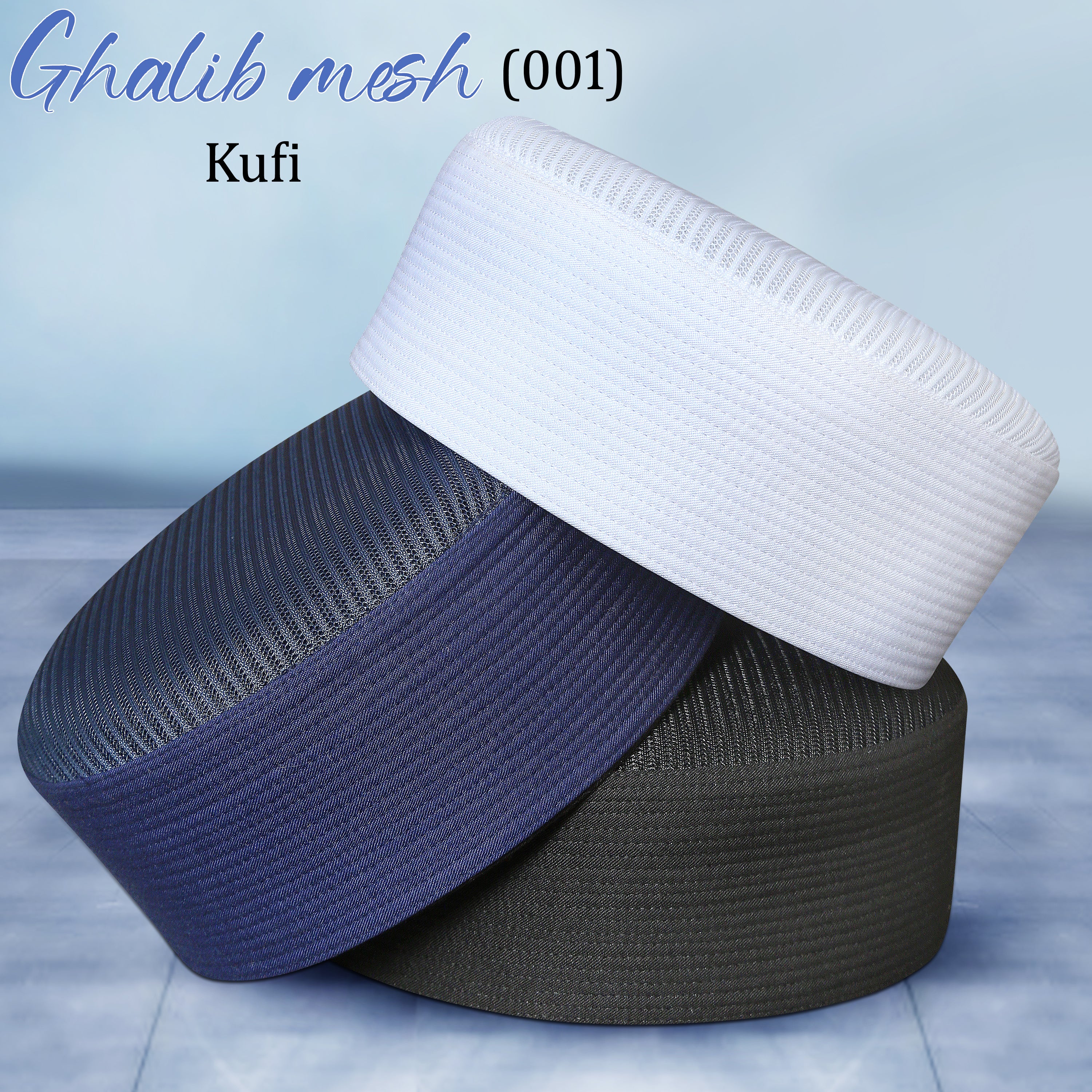 Three rolls of woven mesh kufi headwraps in white, navy blue, and charcoal gray, stacked diagonally on a light blue background with text overlays reading 'Ghalib mesh (001)' and 'Kufi'.