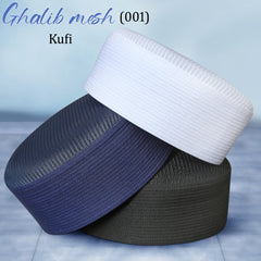 Three rolls of woven mesh kufi headwraps in white, navy blue, and charcoal gray, stacked diagonally on a light blue background with text overlays reading 'Ghalib mesh (001)' and 'Kufi'.