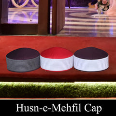 Husn E Mehfil Misri Kufi Cap – White and maroon Prayer Cap for Men