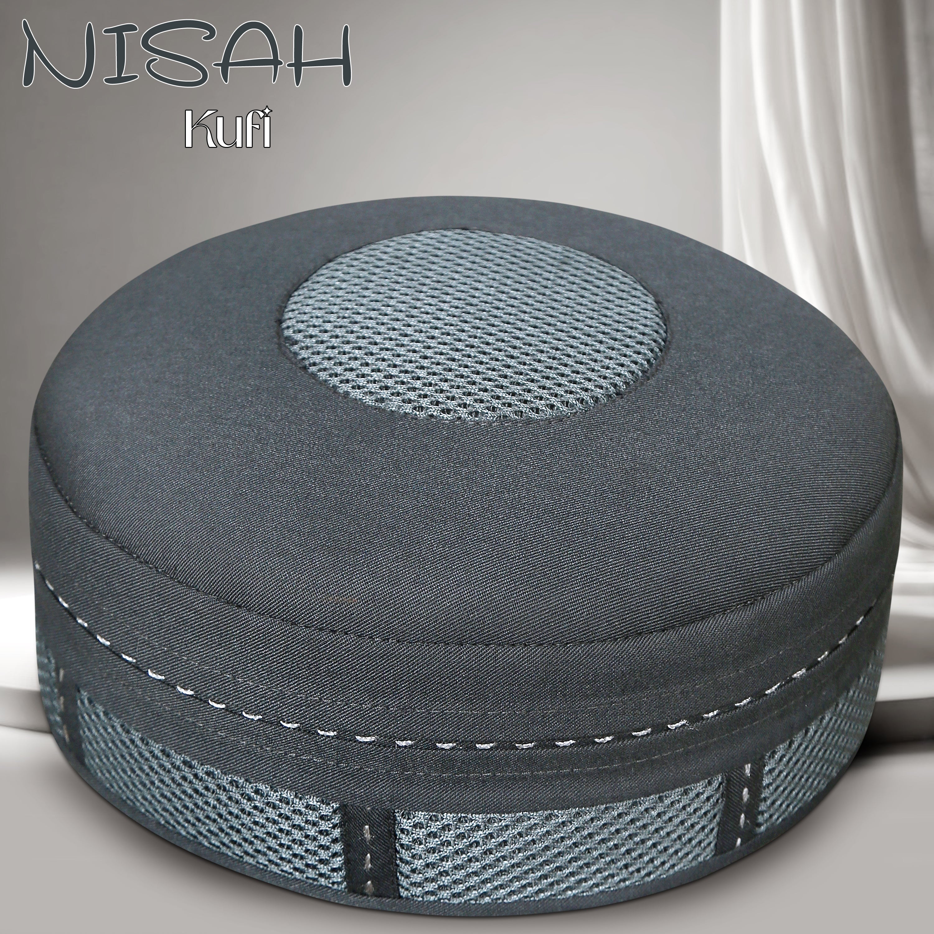 Nisah Gray Mesh Kufi Islamic Prayer Cap for Men Premium Polyester Fabric