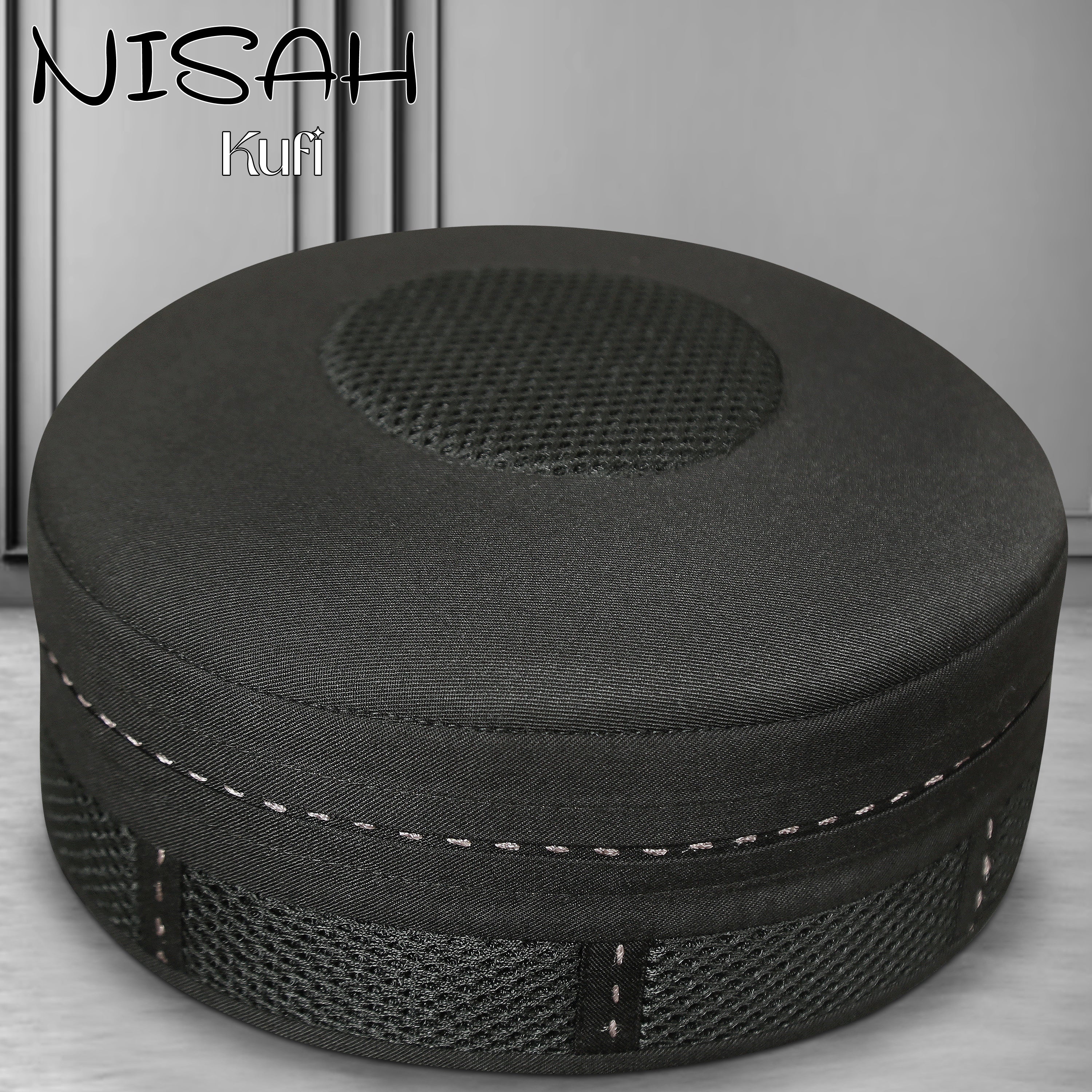 Nisah Black Mesh Kufi Islamic Prayer Cap for Men Premium Polyester Fabric