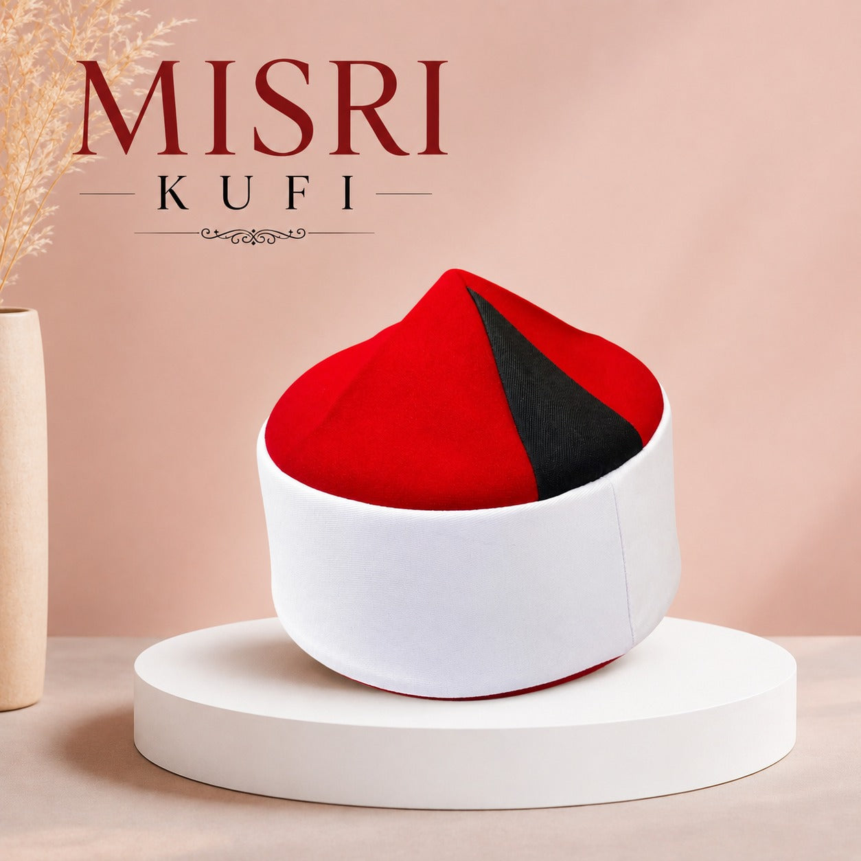 Premium red and white Turkish style Misri Kufi cap by MODESTILE made from high quality polyester