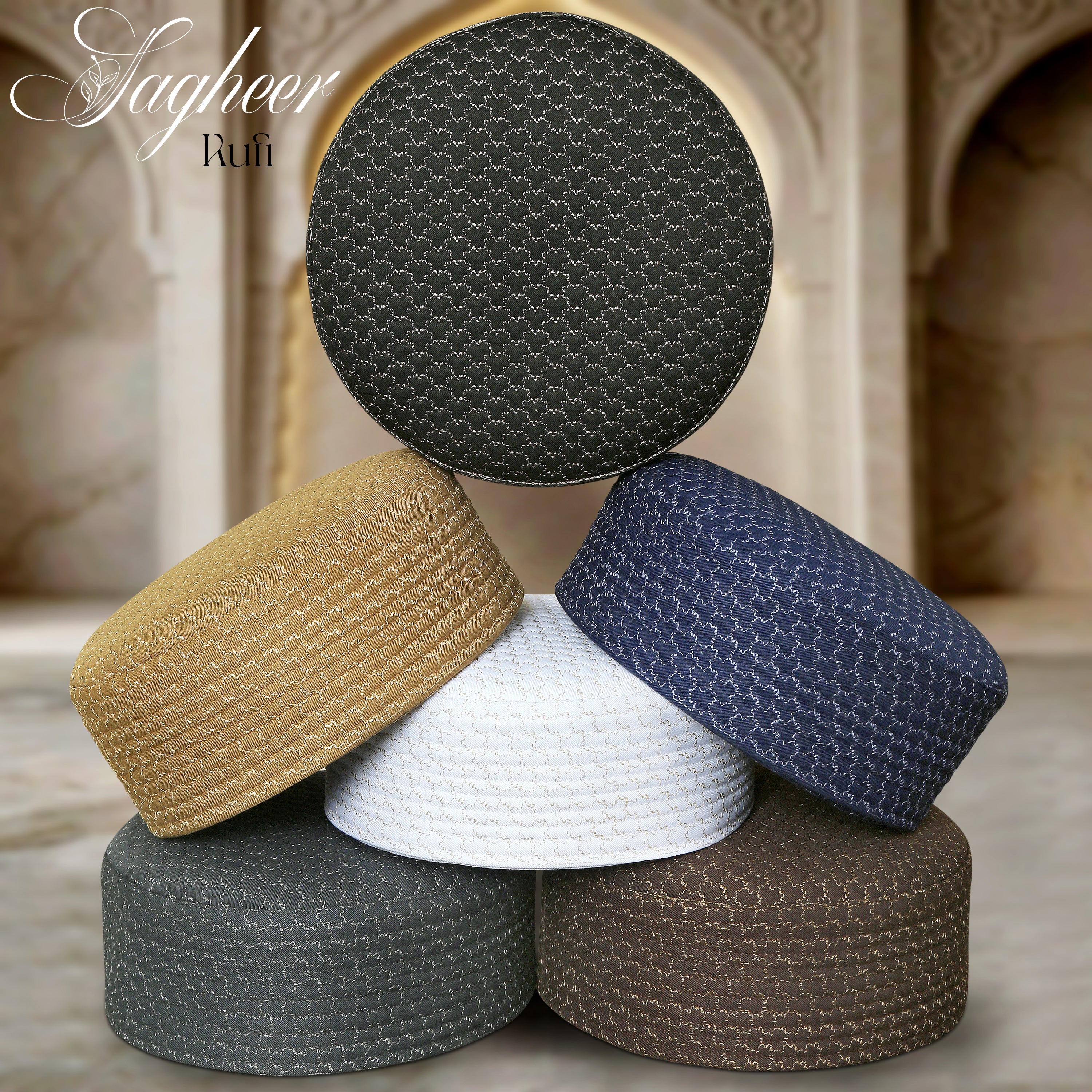 Six textured circular prayer mats in different colors (black, gold, navy, white, gray, and brown) are stacked in a pyramid arrangement. The top black mat is shown from a direct overhead view, while the others are shown from angled side views.