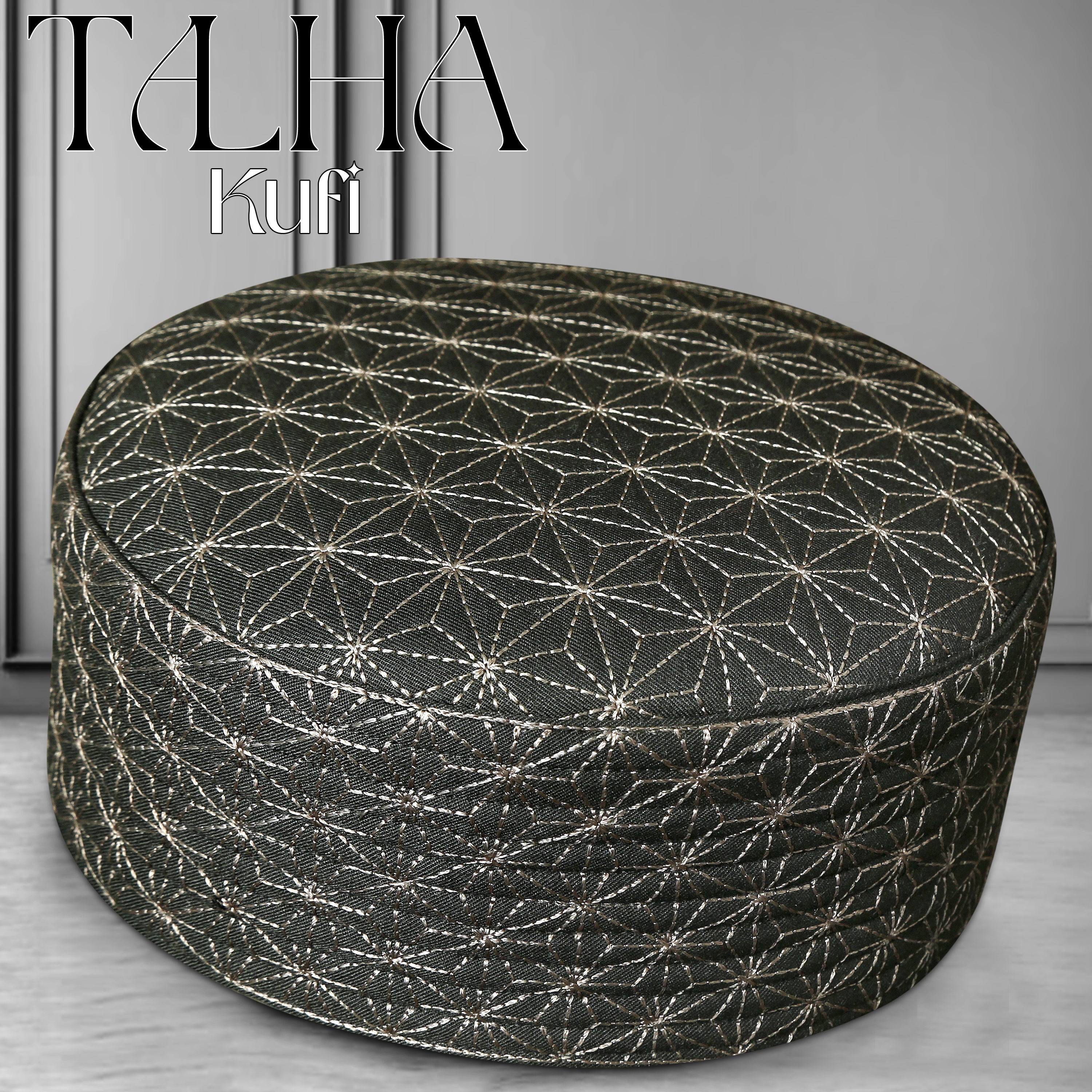 Black Talha Hard Kufi with Geometric Embroidered Design