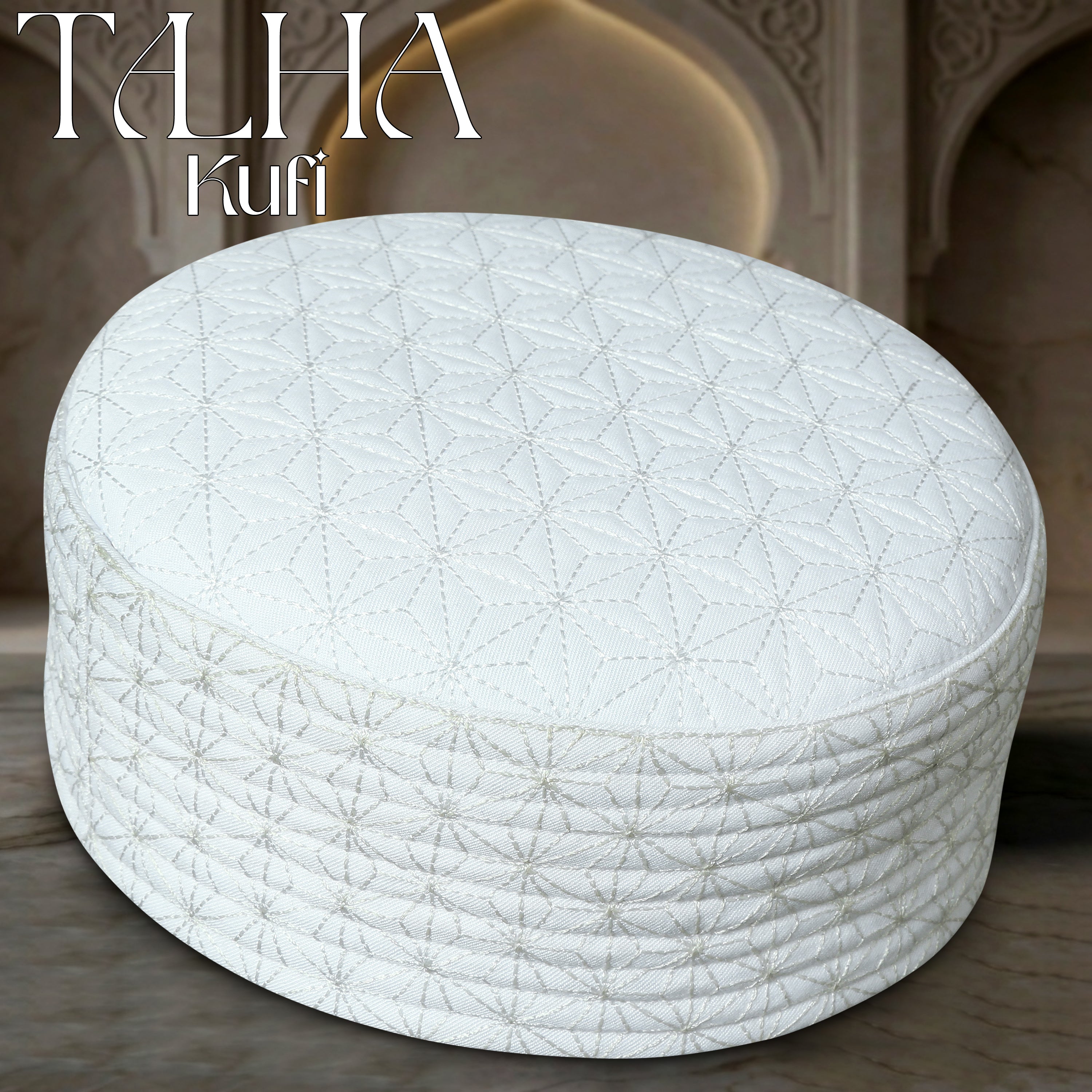 White Talha Hard Kufi Premium Embroidered Islamic Prayer Cap