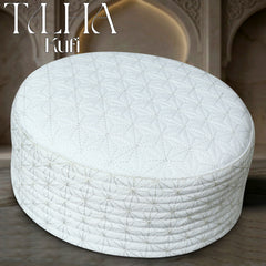 White Talha Hard Kufi Premium Embroidered Islamic Prayer Cap