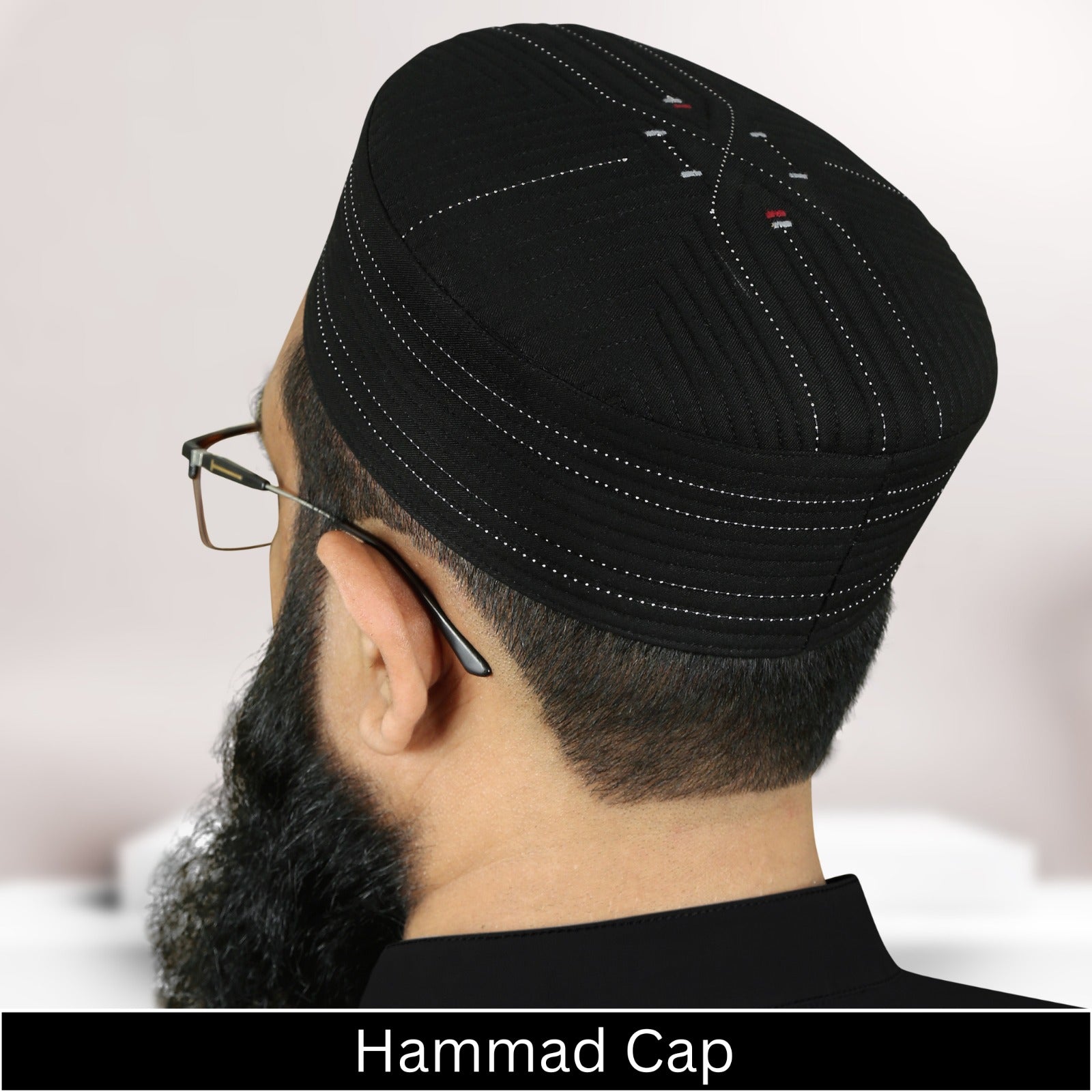 Back view of Hammad Hard Kufi Cap premium handmade Islamic prayer cap with detailed stitching