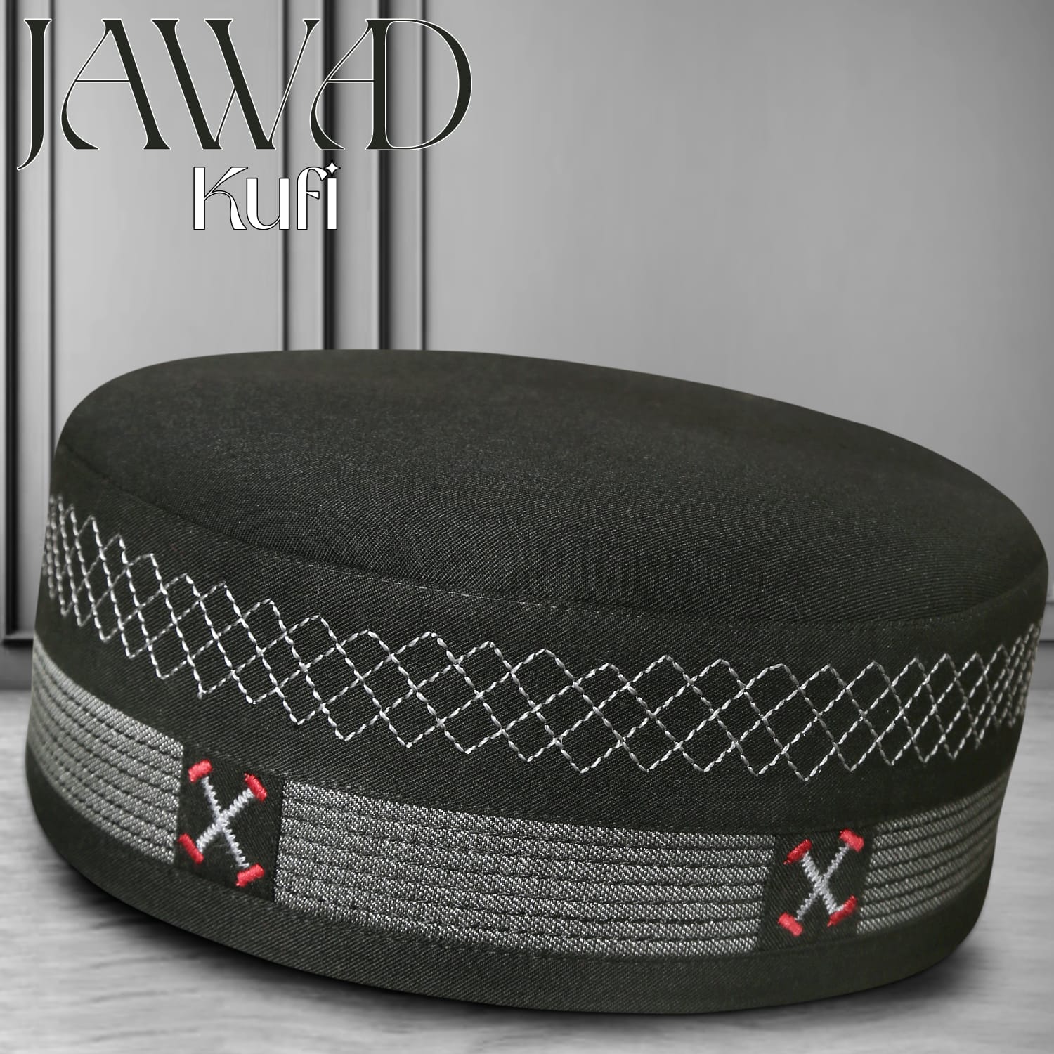 Black Jawad Kufi Prayer Cap – Handmade Embroidered Koofi Muslim Namaz Topi