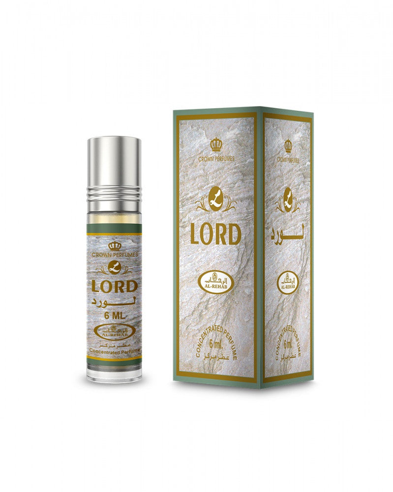 Al-Rehab Lord Attar 6ml concentrated roll-on perfume bottle with its green and gold textured presentation box by MODESTILE.   