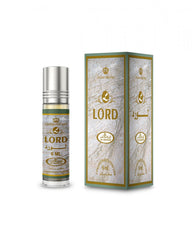 Al-Rehab Lord Attar 6ml concentrated roll-on perfume bottle with its green and gold textured presentation box by MODESTILE.   