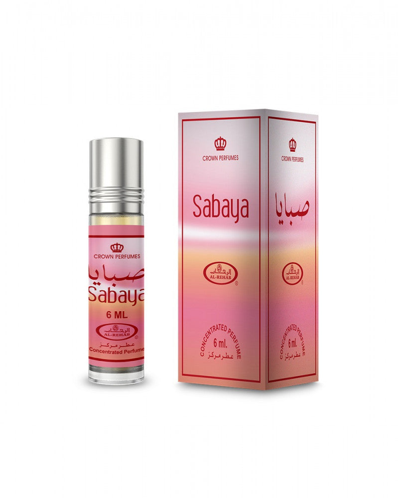Al-Rehab Sabaya Attar 6ml concentrated roll-on perfume bottle with its pink and white presentation box by MODESTILE.   