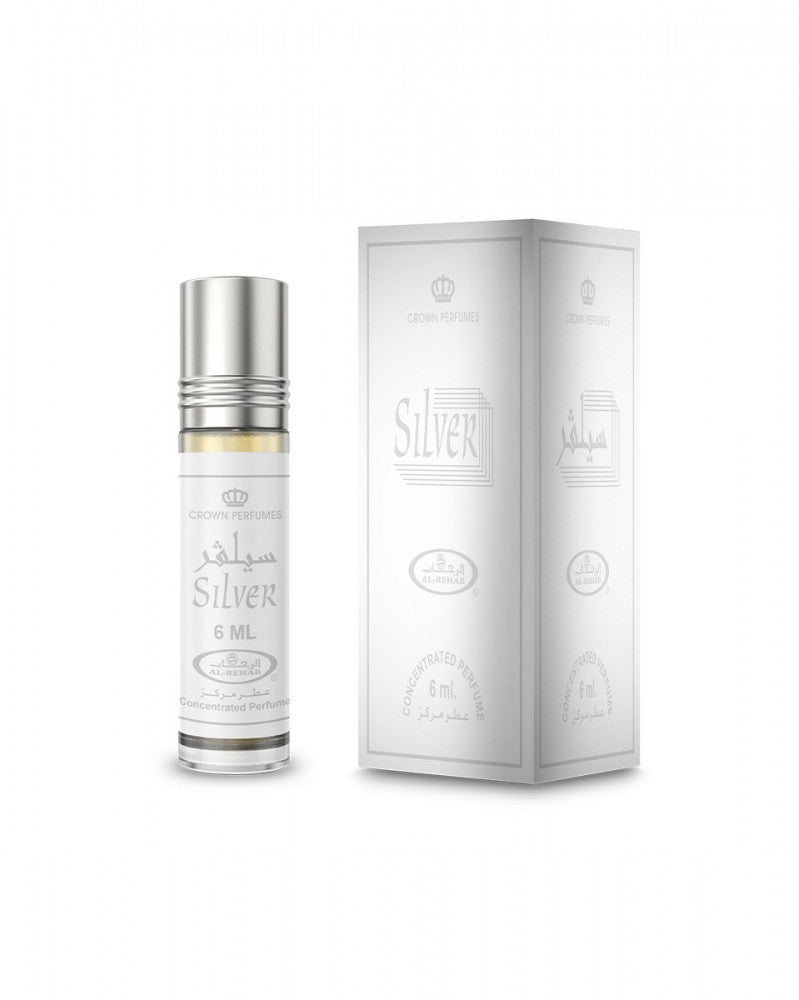 Al-Rehab Silver Attar 6ml concentrated roll-on perfume bottle with its clean silver and white presentation box by MODESTILE.