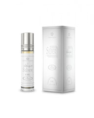 Al-Rehab Silver Attar 6ml concentrated roll-on perfume bottle with its clean silver and white presentation box by MODESTILE.