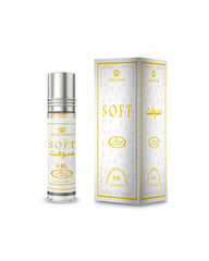 Al-Rehab Soft Attar 6ml concentrated roll-on perfume bottle with its yellow and white patterned presentation box by MODESTILE.   