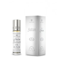 Al-Rehab Sultan Attar 6ml concentrated roll-on perfume bottle with its clean silver presentation box by MODESTILE.   