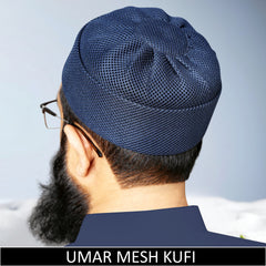 Blue Umar Mesh Kufi for Men “ Premium Ventilated Islamic Prayer Cap for Comfortable Daily Wear 