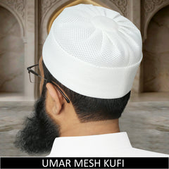 White Umar Mesh Kufi for Men Crafted with Ventilated Mesh for Comfortable Daily Salah |